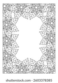 Flower Coloring Border page for Adults. Page for coloring book. Outline flowers. Doodles in black and white. Vector black and white coloring page for coloring book. 