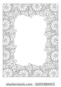 Flower Coloring Border page for Adults. Page for coloring book. Outline flowers. Doodles in black and white. Vector black and white coloring page for coloring book. 