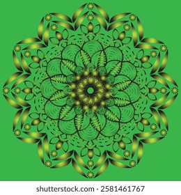 Flower coloring mandala art isolate on green color background, Vector mandala