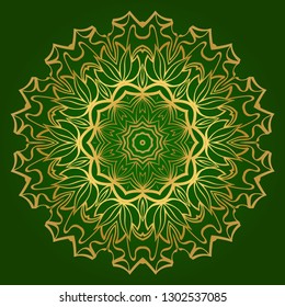 Flower Coloring Mandala. Decorative Elements. Oriental Pattern, Vector Illustration. Indian, Moroccan, Mystic, Ottoman Motifs. Green gold color.