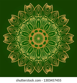 Flower Coloring Mandala. Decorative Elements. Oriental Pattern, Vector Illustration. Indian, Moroccan, Mystic, Ottoman Motifs. Green gold color.