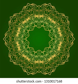 Flower Coloring Mandala. Decorative Elements. Oriental Pattern, Vector Illustration. Indian, Moroccan, Mystic, Ottoman Motifs. Green gold color.