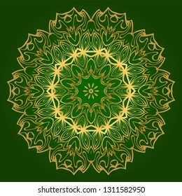 Flower Coloring Mandala. Decorative Elements. Oriental Pattern, Vector Illustration. Indian, Moroccan, Mystic, Ottoman Motifs. Green gold color.