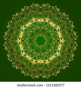 Flower Coloring Mandala. Decorative Elements. Oriental Pattern, Vector Illustration. Indian, Moroccan, Mystic, Ottoman Motifs. Green gold color.