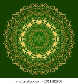 Flower Coloring Mandala. Decorative Elements. Oriental Pattern, Vector Illustration. Indian, Moroccan, Mystic, Ottoman Motifs. Green gold color.