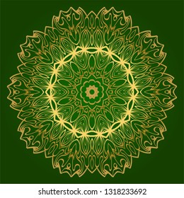 Flower Coloring Mandala. Decorative Elements. Oriental Pattern, Vector Illustration. Indian, Moroccan, Mystic, Ottoman Motifs. Green gold color.