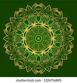 Flower Coloring Mandala. Decorative Elements. Oriental Pattern, Vector Illustration. Indian, Moroccan, Mystic, Ottoman Motifs. Green gold color.