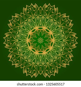 Flower Coloring Mandala. Decorative Elements. Oriental Pattern, Vector Illustration. Indian, Moroccan, Mystic, Ottoman Motifs. Green gold color.
