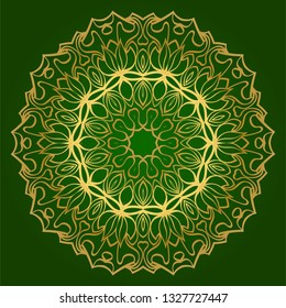 Flower Coloring Mandala. Decorative Elements. Oriental Pattern, Vector Illustration. Indian, Moroccan, Mystic, Ottoman Motifs. Green gold color.