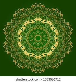 Flower Coloring Mandala. Decorative Elements. Oriental Pattern, Vector Illustration. Indian, Moroccan, Mystic, Ottoman Motifs. Green gold color.