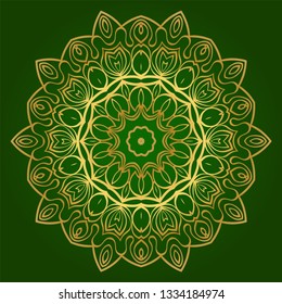 Flower Coloring Mandala. Decorative Elements. Oriental Pattern, Vector Illustration. Indian, Moroccan, Mystic, Ottoman Motifs. Green gold color.