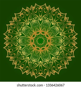 Flower Coloring Mandala. Decorative Elements. Oriental Pattern, Vector Illustration. Indian, Moroccan, Mystic, Ottoman Motifs. Green gold color.
