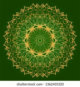 Flower Coloring Mandala. Decorative Elements. Oriental Pattern, Vector Illustration. Indian, Moroccan, Mystic, Ottoman Motifs. Green gold color.