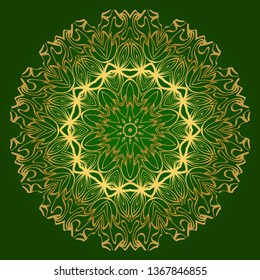 Flower Coloring Mandala. Decorative Elements. Oriental Pattern, Vector Illustration. Indian, Moroccan, Mystic, Ottoman Motifs. Green gold color.