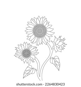 Flower Coloring Page And Book Hand Drawn Line Art Illustration Beautiful Flower Black And White Sunflower Drawing Vector