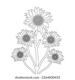Flower Coloring Page And Book Hand Drawn Line Art Illustration Beautiful Flower Black And White Sunflower Drawing Vector