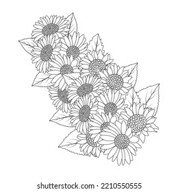 coloreado de flores página dibujo de la línea de la mano de la flor negra con diseño decorativo para impresión