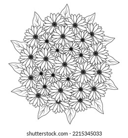 flower coloring page hand drawing line art of black flower with decorative design for print. simplicity artistic drawn with blossom flower on isolated background. meadow wild flower vector design.