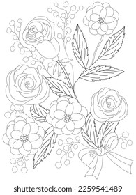 coloreado de flores página dibujo de la línea de la mano de la flor negra con diseño decorativo para impresión