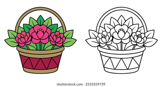 Página De Coloração De Flores Para Crianças. Livro de colorir flor imprimível. Ilustração de vetor de flor de balde