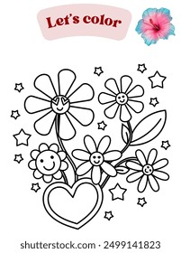 Flower coloring page for kids. Vector illustration. Home activity for children