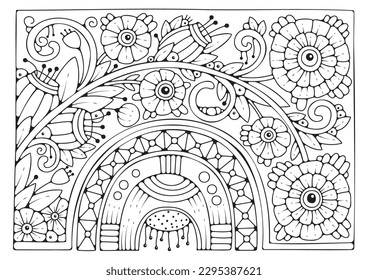 Flower coloring page. Magic garden. Art therapy. Background with flowers for coloring.