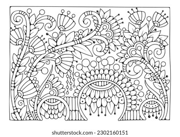 Flower coloring page. Magic garden. Art therapy. Background with flowers for coloring.