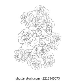 flower coloring page of rose illustration and rose line art with leaves pencil drawing.
rose illustration doodle style art flowers of blooming petals. Black and white flower decorative design.