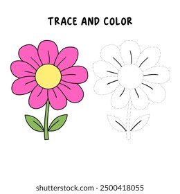 Flower coloring pages for kids. Trace and color flower. Flower outline illustration. Coloring page outline. Flower tracing worksheet. Kindergarten and preschool activity.