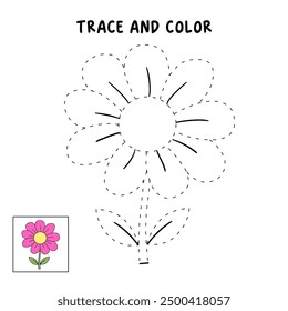 Flower coloring pages for kids. Trace and color flower. Flower outline illustration. Coloring page outline. Flower tracing worksheet. Kindergarten and preschool activity.