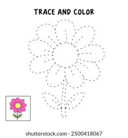 Flower coloring pages for kids. Trace and color flower. Flower outline illustration. Coloring page outline. Flower tracing worksheet. Kindergarten and preschool activity.