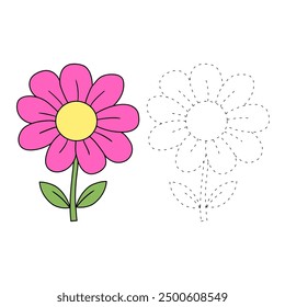 Flower coloring pages for kids. Trace and color flower. Flower outline illustration. Coloring page outline. Flower tracing worksheet. Kindergarten and preschool activity.