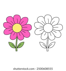Flower coloring pages for kids. Trace and color flower. Flower outline illustration. Coloring page outline. Flower tracing worksheet. Kindergarten and preschool activity.