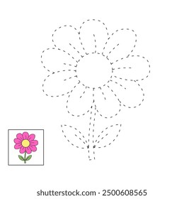 Flower coloring pages for kids. Trace and color flower. Flower outline illustration. Coloring page outline. Flower tracing worksheet. Kindergarten and preschool activity.