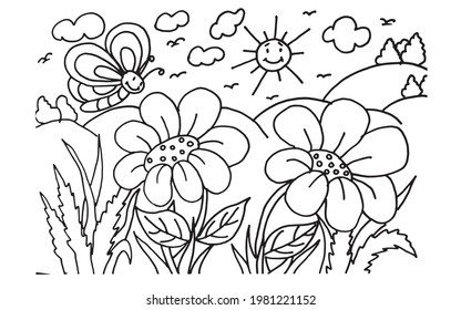 flower coloring page,sun set coloring page,vector coloring page