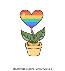 A flower in the colors of the LGBT flag growing in a flower pot. Illustration in cartoon style. 70s retro clipart vector design.