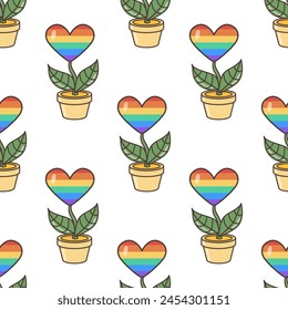A flower in the colors of the LGBT flag growing in a flower pot, seamless pattern. Illustration in cartoon style. 70s retro clipart vector design.