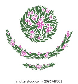 flower composition . ball of pink flowers and leaves.
wreaths of flowers.
vector illustration drawing. for postcards, wedding catering and printed products. 