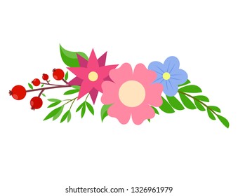 Flower composition. A bouquet of flowers, leaves, fern and branch with red currant. Isolated vector illustration