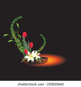 Flower composition with brown flower port on dark background - vector illustration.