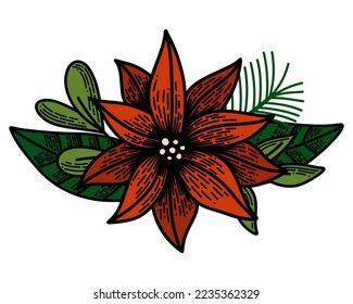 Flower composition with Christmas plants. Herbs decoration for New Year. Vector linear. Fir tree, mistletoe, poinsettia, holly, pine cone icons. Winter flowers for holiday season design.
