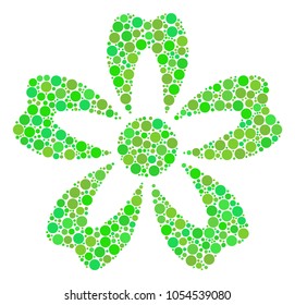 Flower composition of dots in various sizes and eco green color tones. Vector filled circles are composed into flower illustration. Ecological vector illustration.