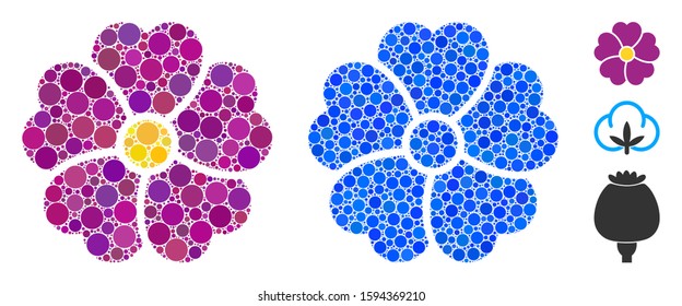 Flower composition of filled circles in various sizes and color tints, based on flower icon. Vector filled circles are united into blue composition. Dotted flower icon in usual and blue versions.