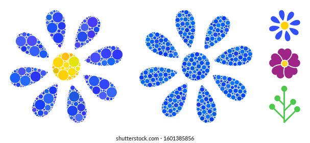 Flower composition of filled circles in various sizes and color tones, based on flower icon. Vector filled circles are united into blue mosaic. Dotted flower icon in usual and blue versions.