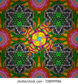 Flower composition. Floral background. Floral collage. Nature. Nice pattern in the small flower. Vector pattern. -green, gray and orange flowers.