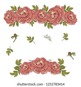 Flower composition. Garland of peonies. Isolated on white background.
