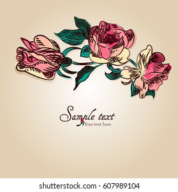 Flower composition: highly detailed hand drawn roses.