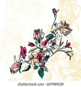 Flower composition: highly detailed hand drawn roses.