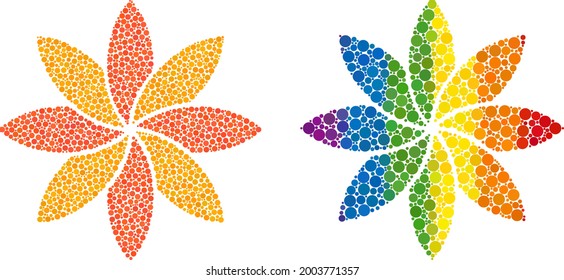 Icono de composición floral de puntos de círculo en diferentes tamaños y tintos de color arcoiris. Una flor salpicada de colores LGBT para lesbianas, gays, bisexuales y transexuales.