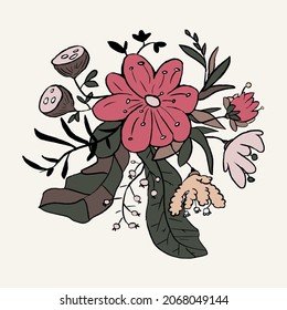 Flower composition in line art style. Leaves and berries on a light background.